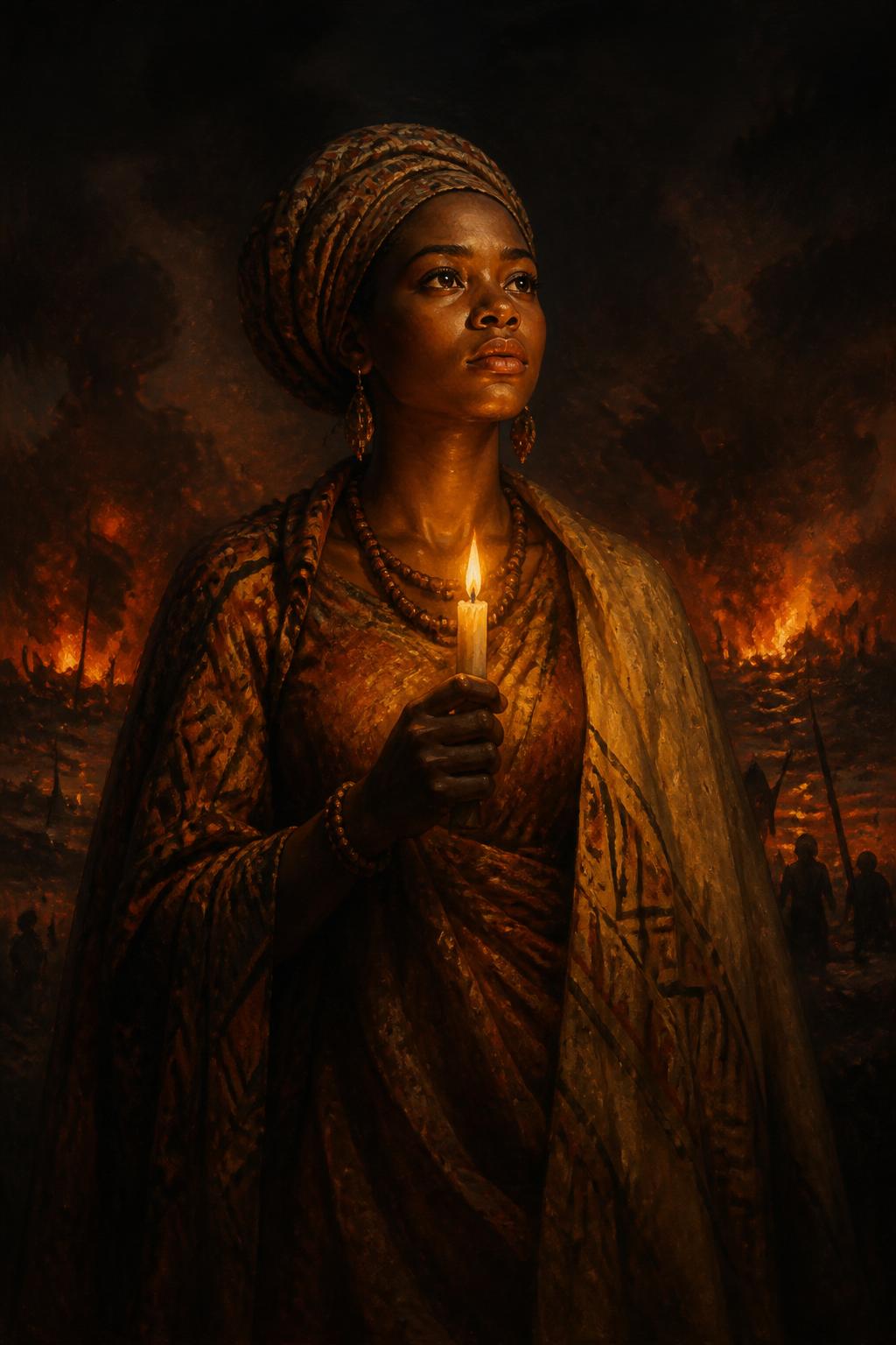 Candle book cover: a woman in traditional African attire holding a candle against a burning battlefield